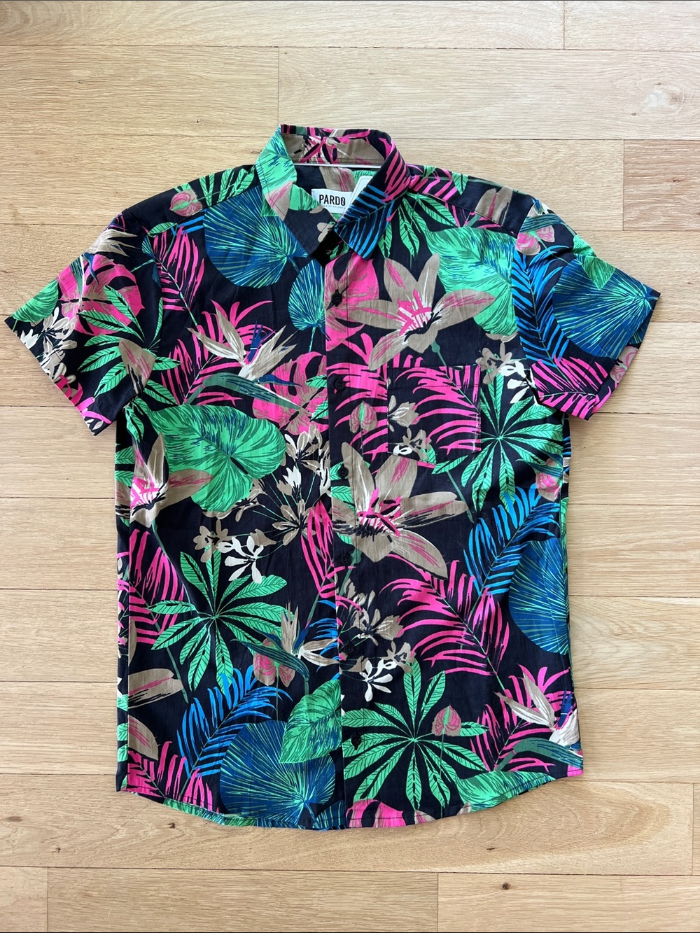 New Pardo Men’s Black Tropical Print Short Sleeve Shirt - Green, Pink, Blue